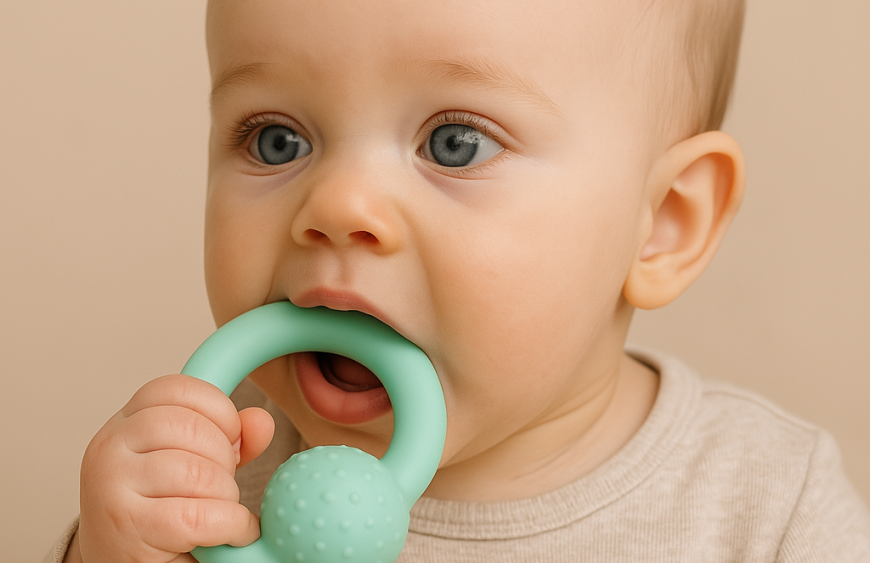 A baby holding a teething ring, with a soft and soothing background, symbolizing comfort during teething.