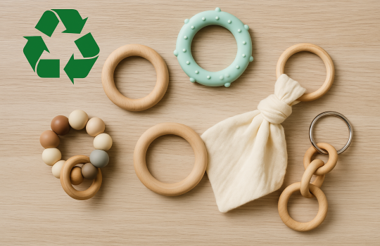 A creative and eco-friendly depiction of recycling baby teething rings into new items, vibrant and cheerful.