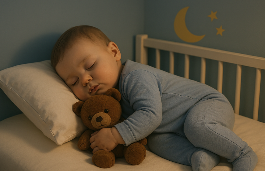 create a realistic horizontal image for an article about baby sleep regression, showing a baby in different sleep positions and a calm, soothing background